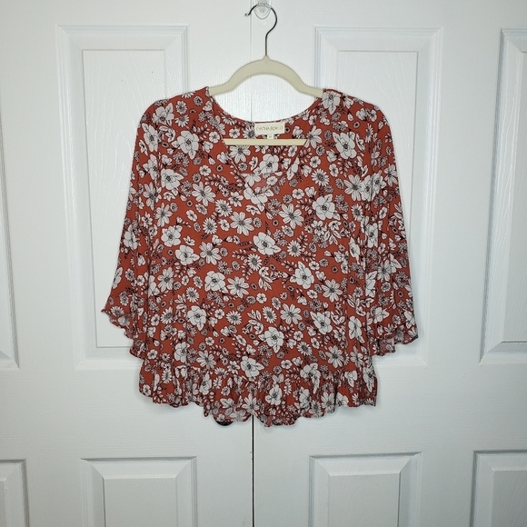 Cynthia Rowley V Neck Top M Ruffles Ditzy Floral Flutter Sleeves Viscose Prairie - Picture 2 of 10